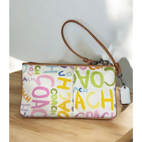 Y2K Coach F13552 Hamptons Twill Stripe Tote Bag & Graffiti Script Large Wristlet - Picture 8 of 16